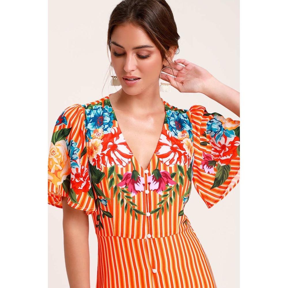 Lulu's Roam the Riviera Orange Multi Striped Button-Up Maxi Dress Size Small EUC - Picture 4 of 15